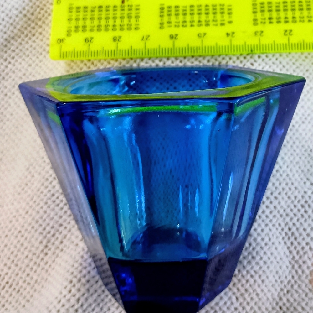 Vintage Cobalt Blue Glass Votive Candle Holder.  Hexagon Shape.